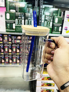 Square Glass Mug with Handle, Straw & Wooden Lid" or "Glass Tumbler with Bamboo Lid & Straw
