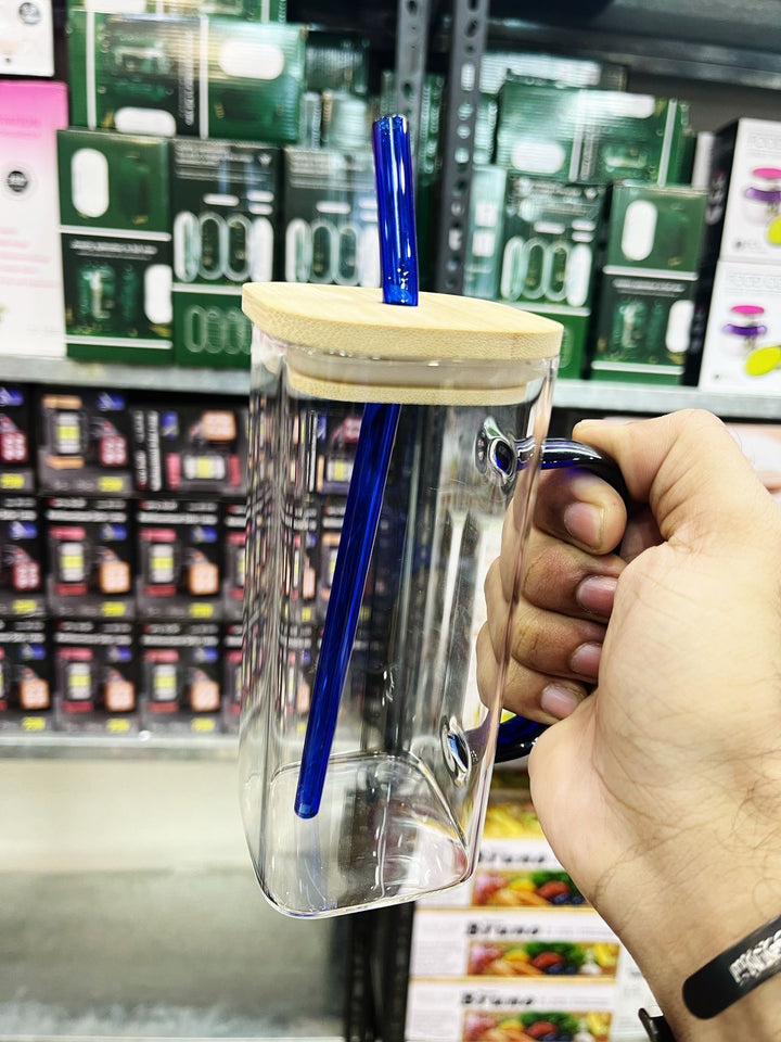 Square Glass Mug with Handle, Straw & Wooden Lid" or "Glass Tumbler with Bamboo Lid & Straw