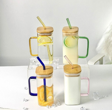 Square Glass Mug with Handle, Straw & Wooden Lid