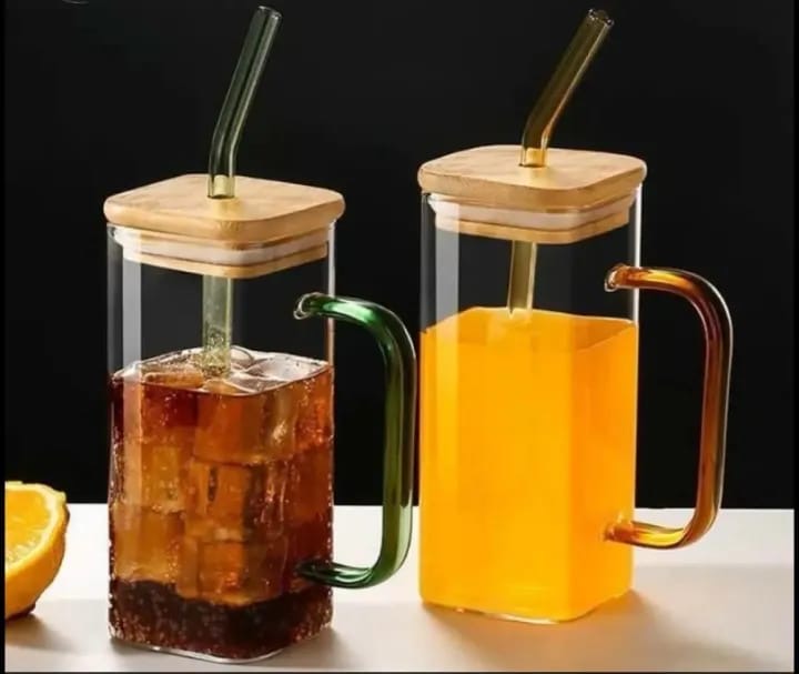 Square Glass Mug with Handle, Straw & Wooden Lid" or "Glass Tumbler with Bamboo Lid & Straw