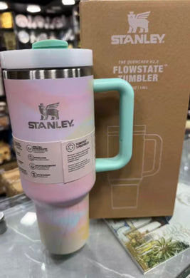 Stanley tumbler, pastel Stanley cup, pink tie-dye Stanley, 40 oz Quencher H2.0, aesthetic tumblers, cute Stanley cups, Flowstate tumbler, girly water bottle, mint handle Stanley, trendy drinkware, stylish hydration cups