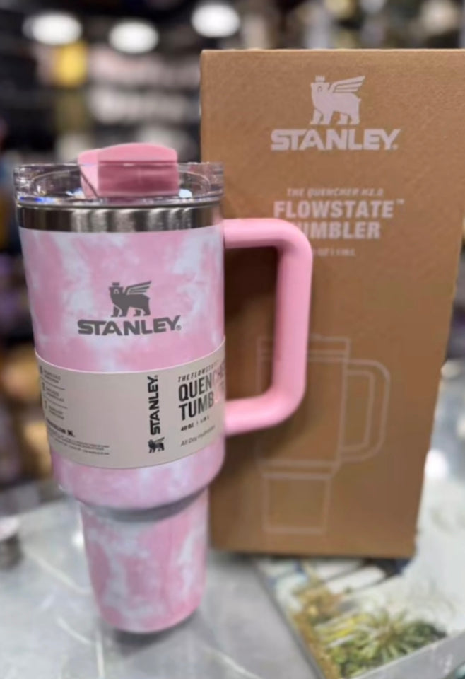 Stanley tumbler, pastel Stanley cup, pink tie-dye Stanley, 40 oz Quencher H2.0, aesthetic tumblers, cute Stanley cups, Flowstate tumbler, girly water bottle, mint handle Stanley, trendy drinkware, stylish hydration cups