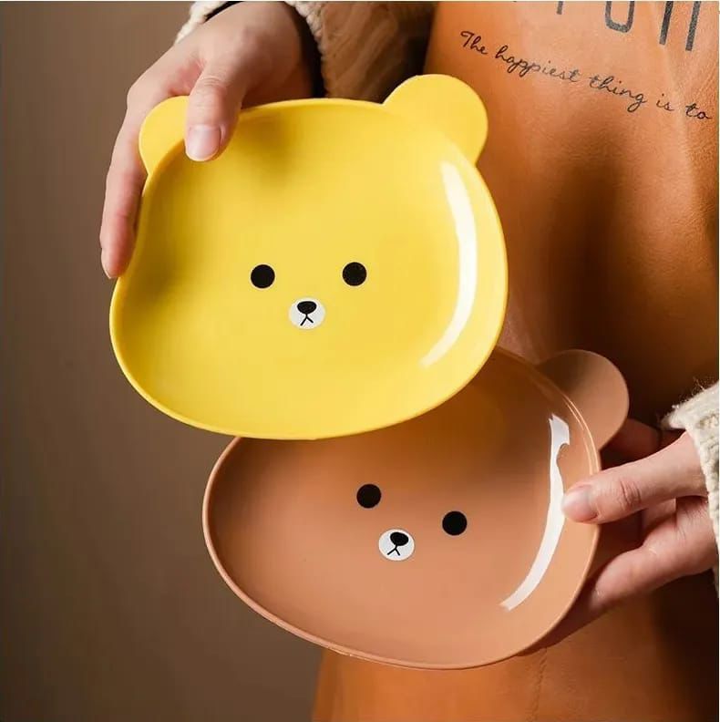 8 Pcs Cute Cartoon Plate Set – Kids Snack & Dinner Plates | Durable Plastic Plates in Yellow & Brown