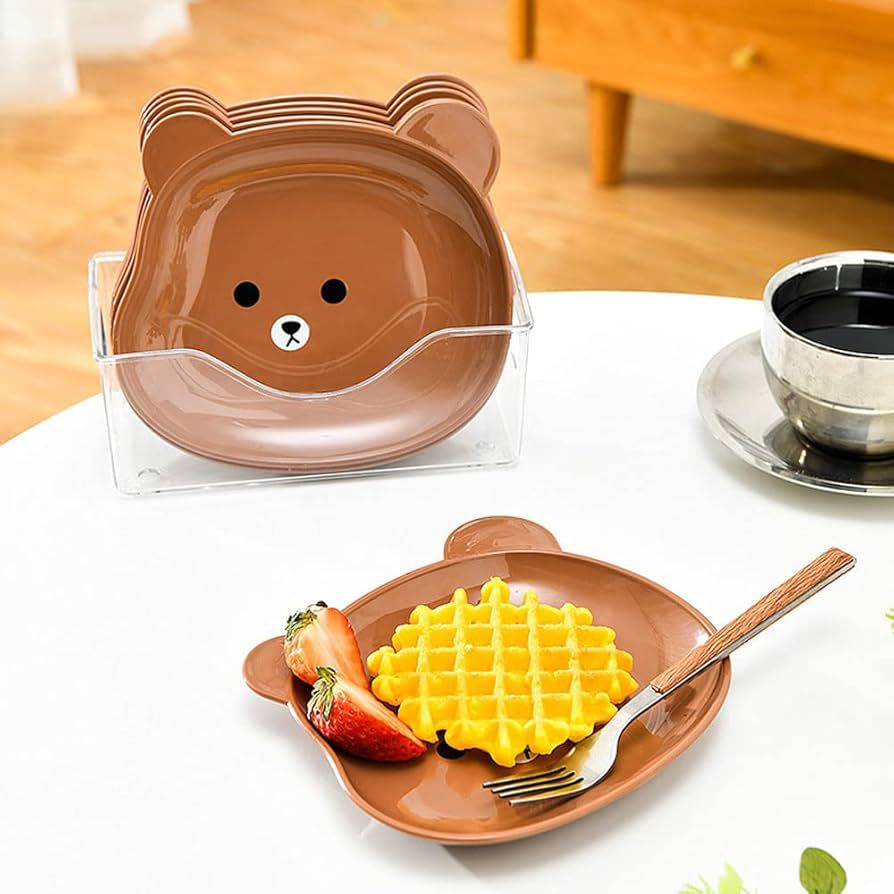 8 Pcs Cute Cartoon Plate Set – Kids Snack & Dinner Plates | Durable Plastic Plates in Yellow & Brown