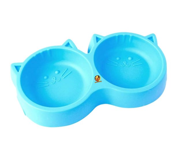 Cat Shaped Double Food Bowl – Plastic Pet Feeding Bowl for Food & Water