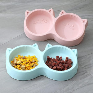 Cat Shaped Double Food Bowl – Plastic Pet Feeding Bowl for Food & Water