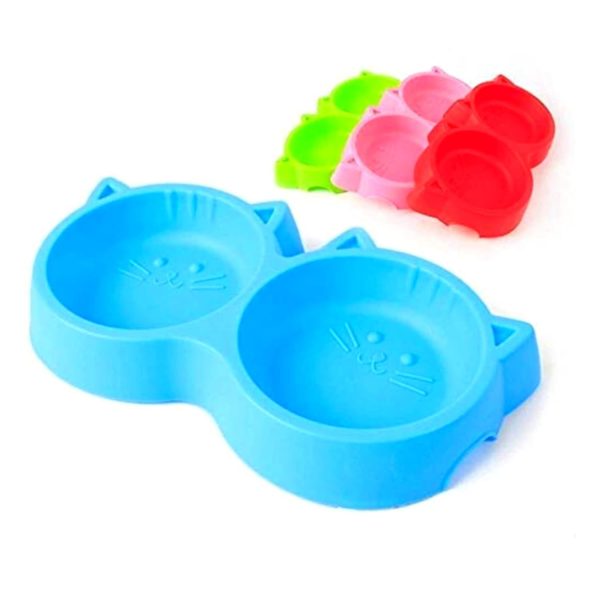 Cat Shaped Double Food Bowl – Plastic Pet Feeding Bowl for Food & Water